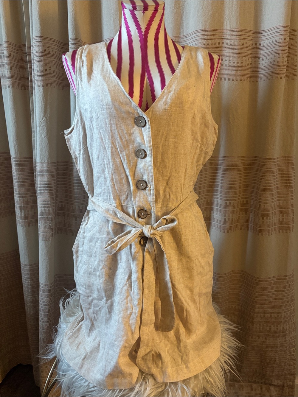 Me to We Natural Beige Sleeveless Button Romper with Tie Waist